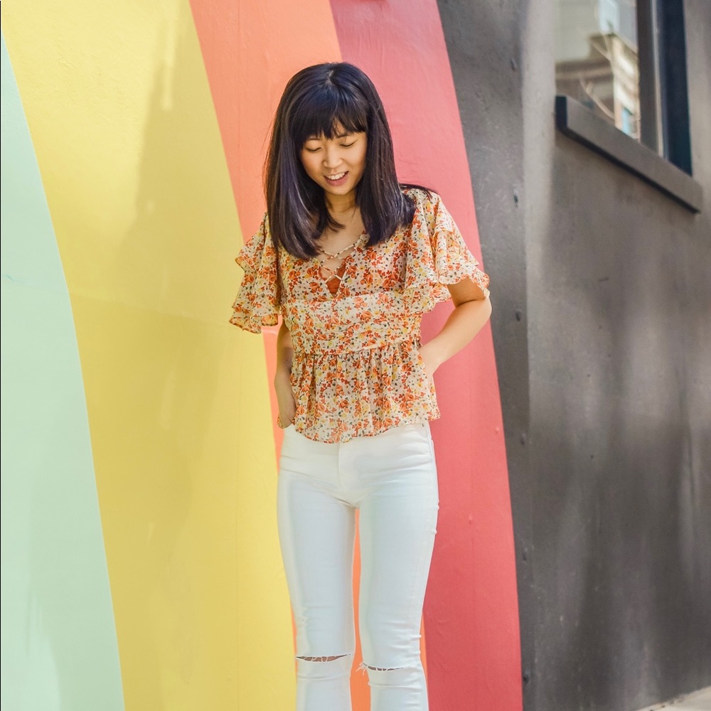 Zara Orange Floral Flounce Blouse Top S